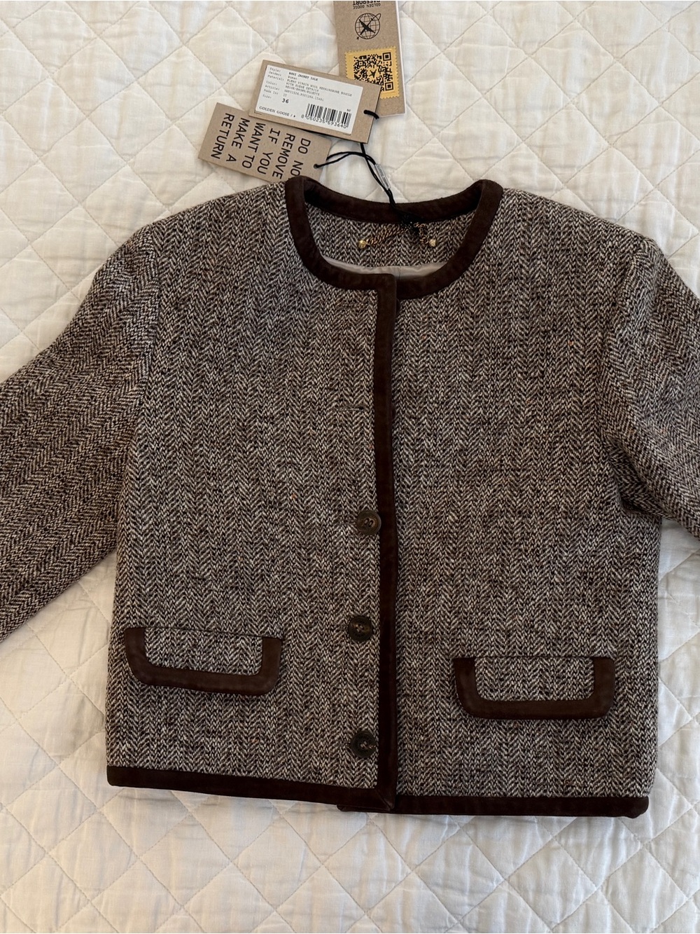 Golden Goose Brown Herringbone Tweed Kids Jacket with Dark Trim